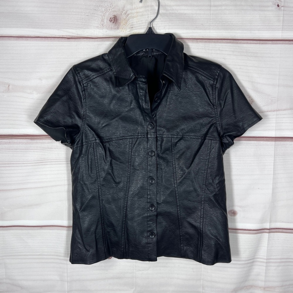 Motel Faux Leather Top Women XS Black Button Down Short Sleeve Collared Shirt